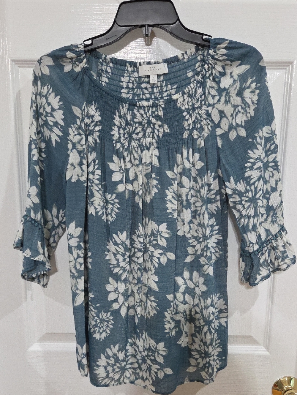 New Directions Blue Floral Smocked Neck Blouse